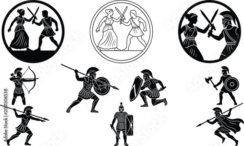 Ancient Greek and Roman warrior silhouettes collection, gladiators, archers, sword fighters, shields, historical battle action icons set