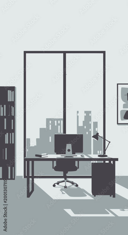 Fototapeta premium Modern office interior illustration desk computer city view day light