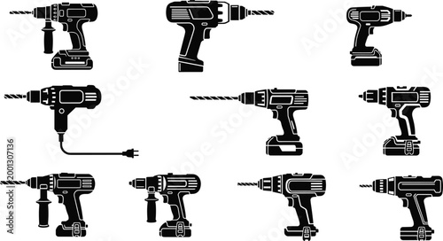 Power Drill and Electric Tool Icon Set with Cordless and Wired Drilling Machines Silhouette Vector Collection for Construction Repair and Industrial Work