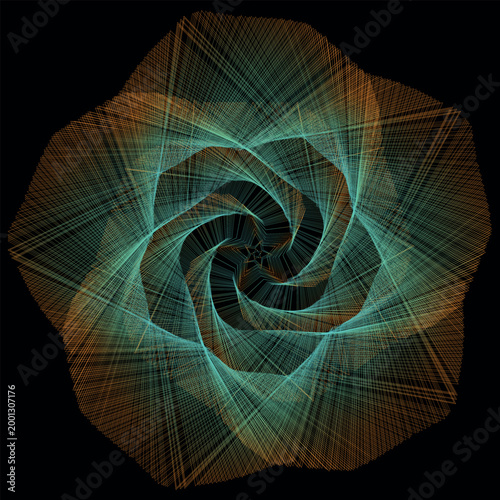 A digital art wallpaper featuring an abstract blue spiral fractal burst background with colorful light waves and motion curves in a space technology design concept