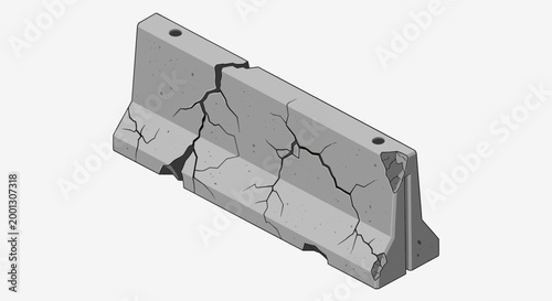 Cracked concrete barrier, broken cement block, damaged road divider isolated on White Background