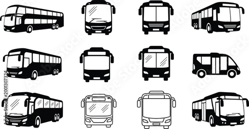 Public Transport Bus Icon Set with City Coach Shuttle and Urban Vehicle Front and Side Views Silhouette Vector Collection for Transit and Mobility Design