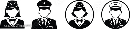 Set of pilot and flight attendant avatar icons featuring airline crew silhouettes in uniform for travel and aviation industry projects