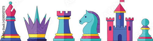 Colorful chess pieces set including king queen rook knight bishop and castle stylized board game elements vector illustration isolated on light background