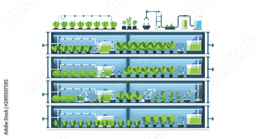 A modern multi-level indoor vertical farm features rows of fresh leafy greens maintained by automated robotic arms and irrigation pipes in a controlled environment.