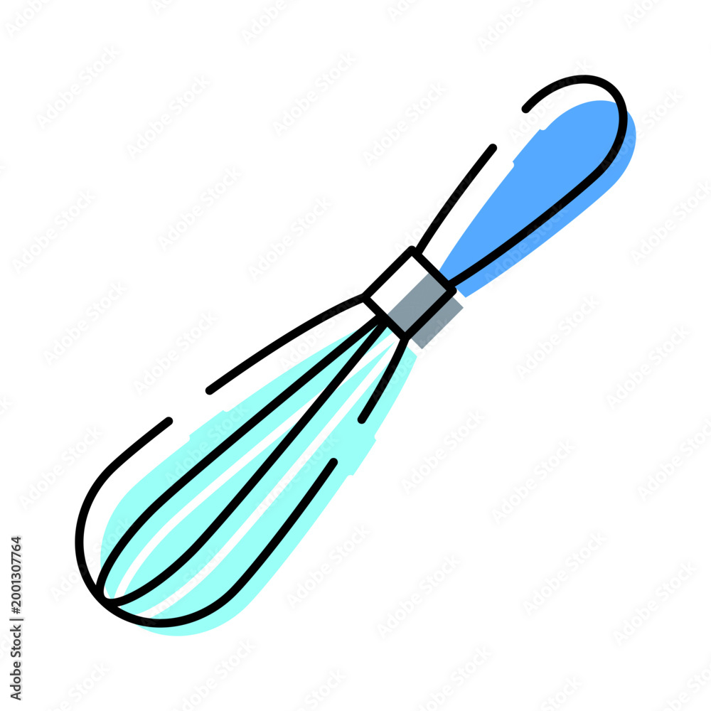Obraz premium Kitchen whisk tool with blue handle and wires used for mixing, blending, and aerating ingredients in culinary practices, representing kitchenware and utensils
