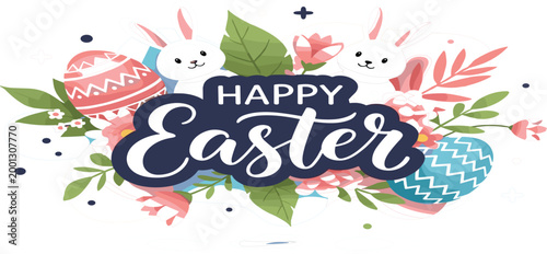 Happy Easter Greeting Design with Cute Rabbits Floral Leaves Decorated Eggs and праздничный Spring Vector Illustration
