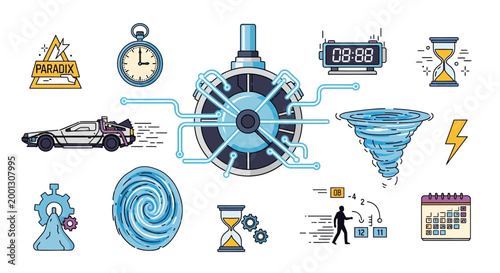 Scientific apparatus icons define the theoretical mechanics of time.