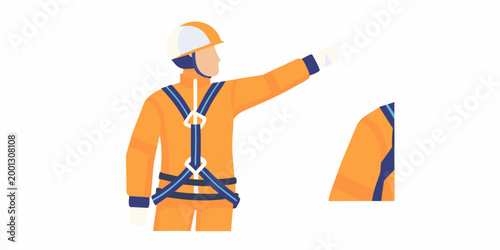 construction worker in orange safety suit pointing