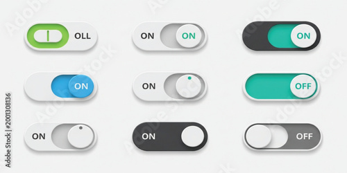 Modern Toggle Switch Button Set with On Off States User Interface Controls for Mobile App and Web Design Vector