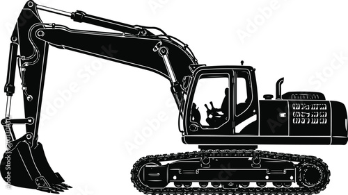 Heavy Construction Excavator Silhouette Side View – Industrial Machinery Vector Illustration