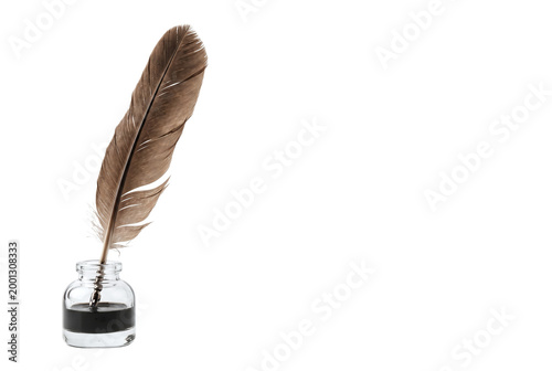 Foto Traditional brown feather quill pen in a glass inkwell