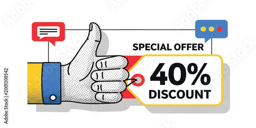 Special Offer Banner with Forty Percent Discount Tag Hand Gesture Pop Art Style Promotional Marketing Vector Illustration