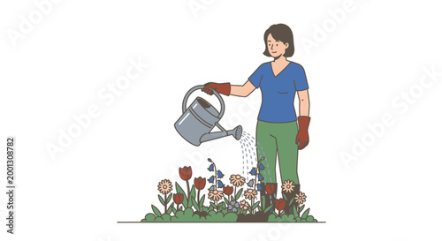 Woman watering flowers in garden illustration vector isolated on white