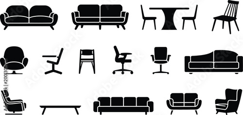Furniture, modern silhouette set in section view including chairs sofas tables and armchairs, CAD style drawings vector illustration design.