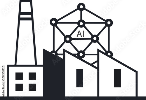 Industrial factory building with artificial intelligence neural network icon symbol represented as geometric structure over facility silhouette for concept of modern smart manufacturing and digital pl