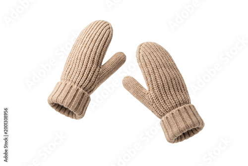 Obraz na płótnie Pair of cozy beige knitted winter mittens