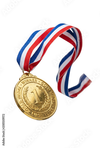 Foto First place winner gold medal with ribbon