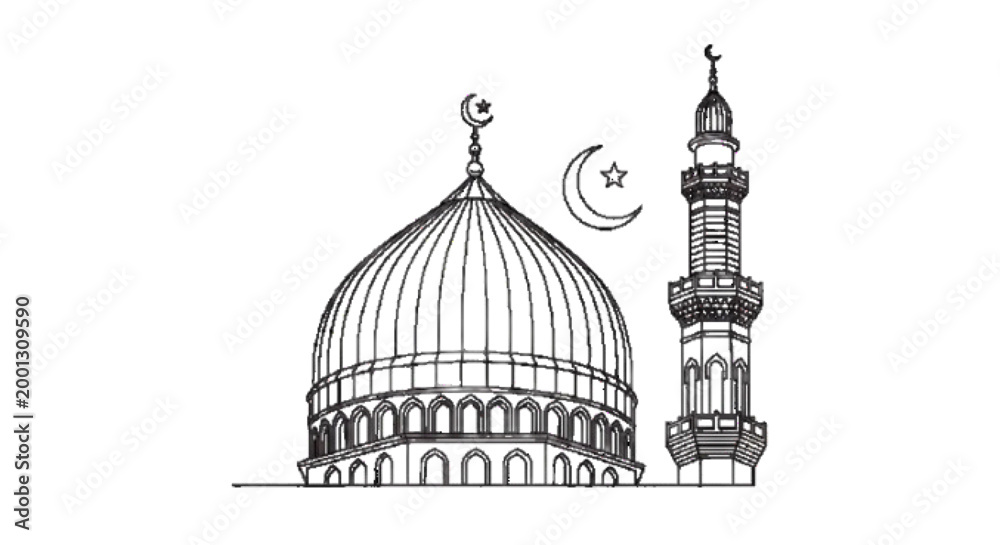 Fototapeta premium mosque dome and minaret line art vector illustration, Eid theme, black and white, white background white background vector icon , white background