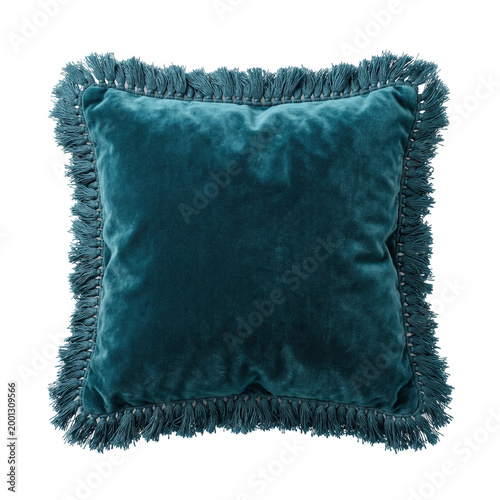 Fotografie Dark teal velvet throw pillow with fringed edges