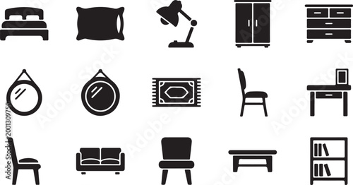 Black and white of furniture and home decor including chair dresser bed desk lamp and clock