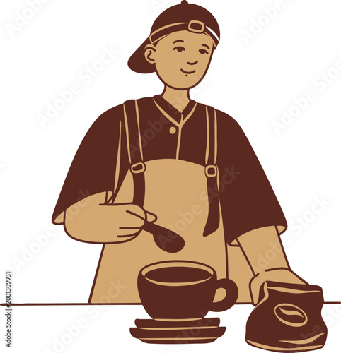 3D Coffee Barista Character Worker Staff Caffeine Latte Espresso Cappuccino Brewing Drink Service Retro Menu