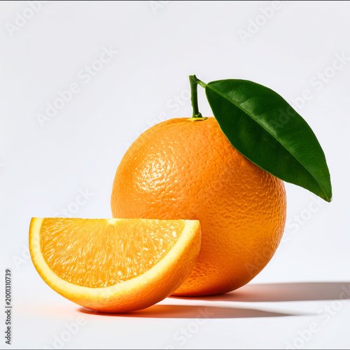Magazine photography of a fresh orange wedge in front of a whole orange with a green leaf isolate on pure white background