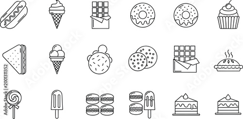 Sweet Food and Dessert Icon Set with Ice Cream Donuts Chocolate Cake and Snacks Outline Vector Collection for Cafe Menu and Bakery Design
