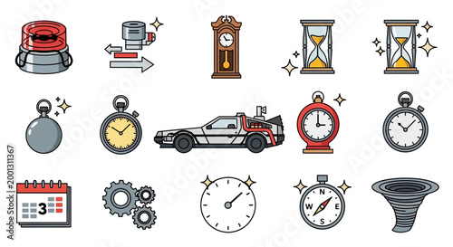 Clock collection displays various timekeeping tools and mechanical.