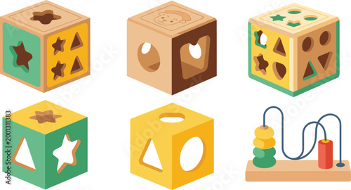 Baby Shape Sorting Cubes and Wooden Bead Maze Educational Toy Collection Vector Illustration Set Isolated