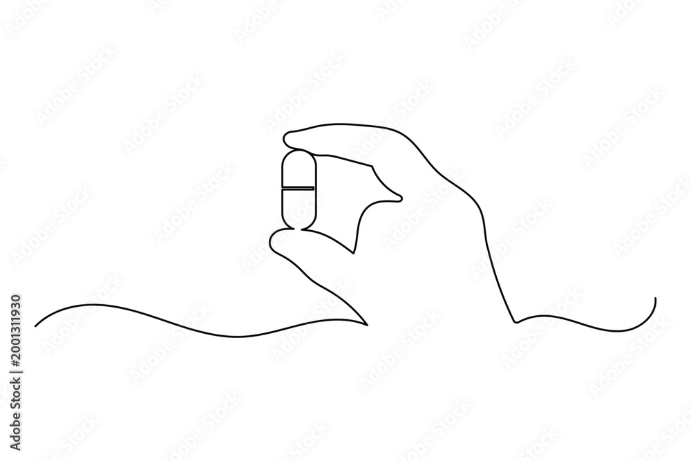 Obraz premium Capsule pill one line drawing of hand holding medication for healthcare