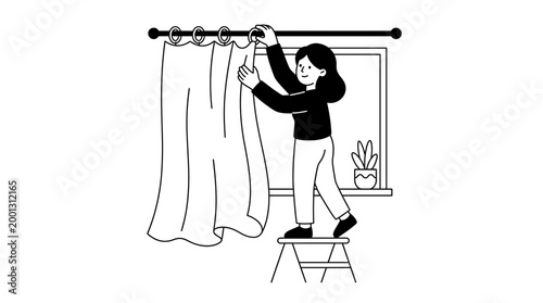 Woman Hanging Curtain Using Ladder Inside Home.