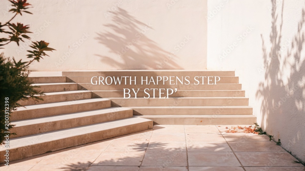 Fototapeta premium Inspirational Quote on Growth and Progress Over Stairs with Shadows Cast by a Plant, Ideal for Personal Development and Motivational Themes