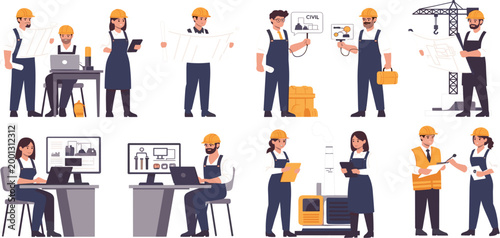 Construction Engineer Character Set with Builders Blueprints Laptop Tools and Teamwork Workplace Illustration Collection Design