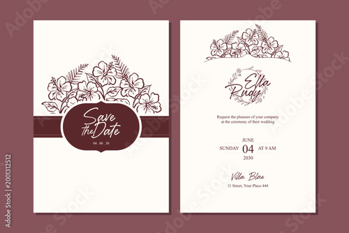 Tableau sur toile Floral wedding invitation template with minimalist botanical line art