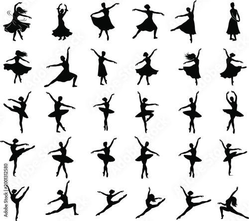Ballet dancer silhouettes collection with graceful poses, classical dance movements and artistic performance figures for theater, choreography and performing arts design