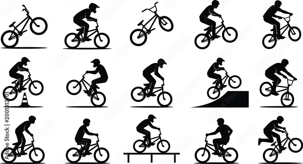 Obraz premium Bicycle stunt silhouettes collection with BMX riders performing jumps, tricks and freestyle cycling poses for extreme sport and urban activity design