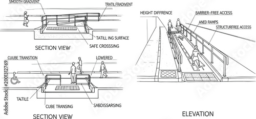Accessibility Ramp Engineering Diagram with Section Views Barrier Free Access Tactile Surface and Safe Crossing Technical Illustration