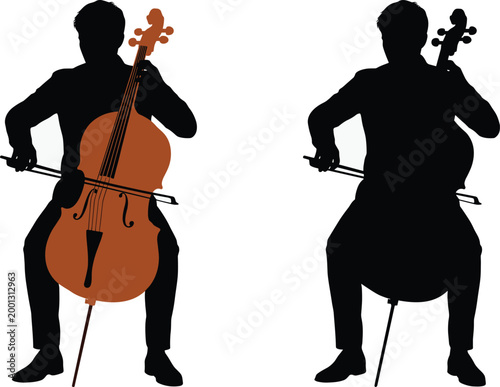 Cello player silhouette illustration with classical musician performing string instrument for music, orchestra and artistic performance design projects