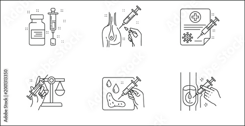 Vaccination and medical injection icons set healthcare immunization syringe vector minimal outline collection design