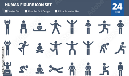 Human figure icon set with various body poses, activities and gestures in minimal stick person pictogram design for universal usage