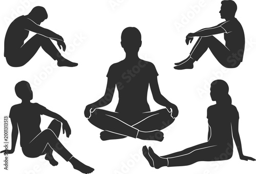 Meditation and sitting people silhouettes collection with calm poses, relaxation postures and mindfulness concepts for wellness and mental health design