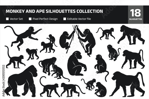 Monkey and ape silhouettes collection featuring primates in various poses, wildlife animal figures for nature, zoology and safari design projects