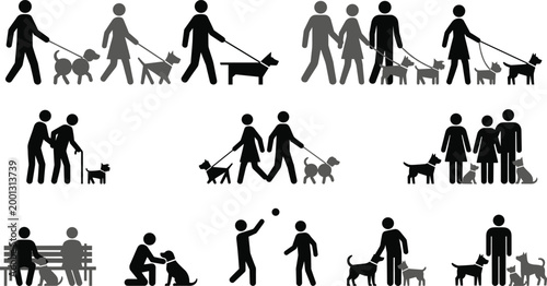 People with pets silhouettes collection featuring dog walking, family interaction and everyday lifestyle scenes for social, animal care and urban design projects
