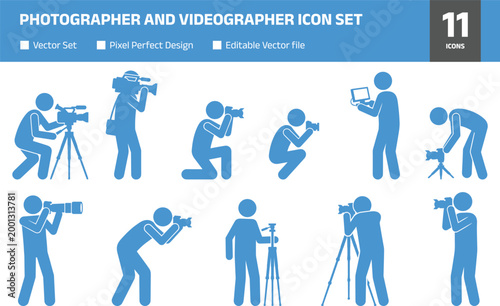 Photographer and videographer icon set with camera shooting poses, media production activities and creative content creation symbols in modern flat design