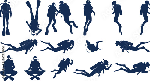 Scuba diver silhouettes collection with underwater swimming poses, diving equipment and aquatic exploration scenes for ocean adventure and marine design projects