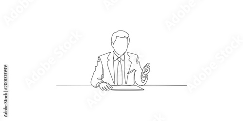 Continuous line drawing of a businessman sitting at a desk and gesturing