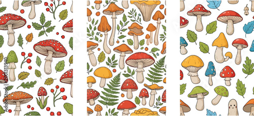Colorful Mushroom Pattern with Leaves and Berries