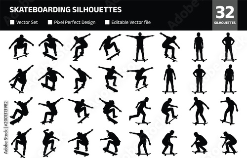 Skateboarding silhouettes collection with skateboarders performing tricks, jumps and freestyle poses in dynamic urban sport action for youth lifestyle design