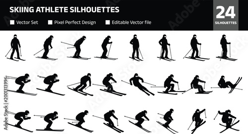 Skiing athlete silhouettes collection with downhill, slalom and freestyle poses in dynamic winter sport action for fitness and competition design projects
